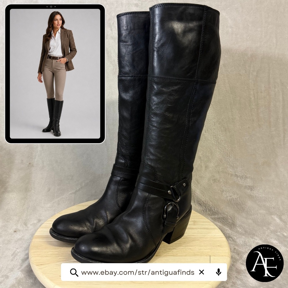 Clarks Black Leather Tall Moto Harness Boots Block Heel Round Toe 9.5M 29683